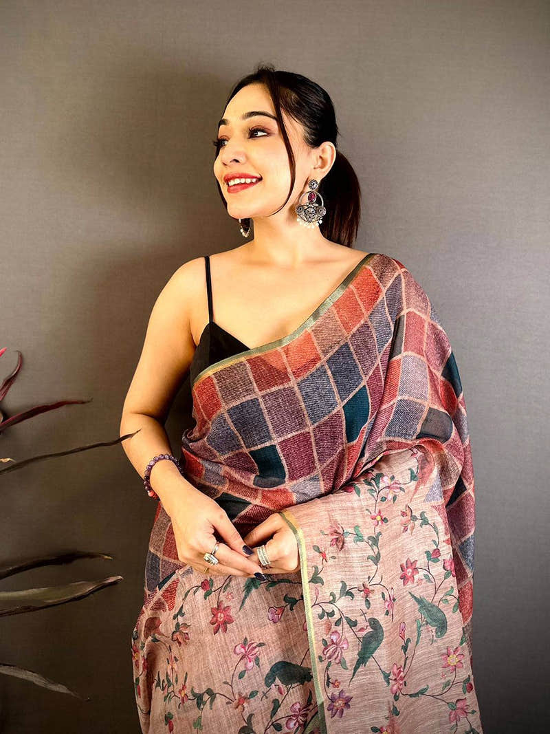 Classic Multicolour Block Print Linen Saree