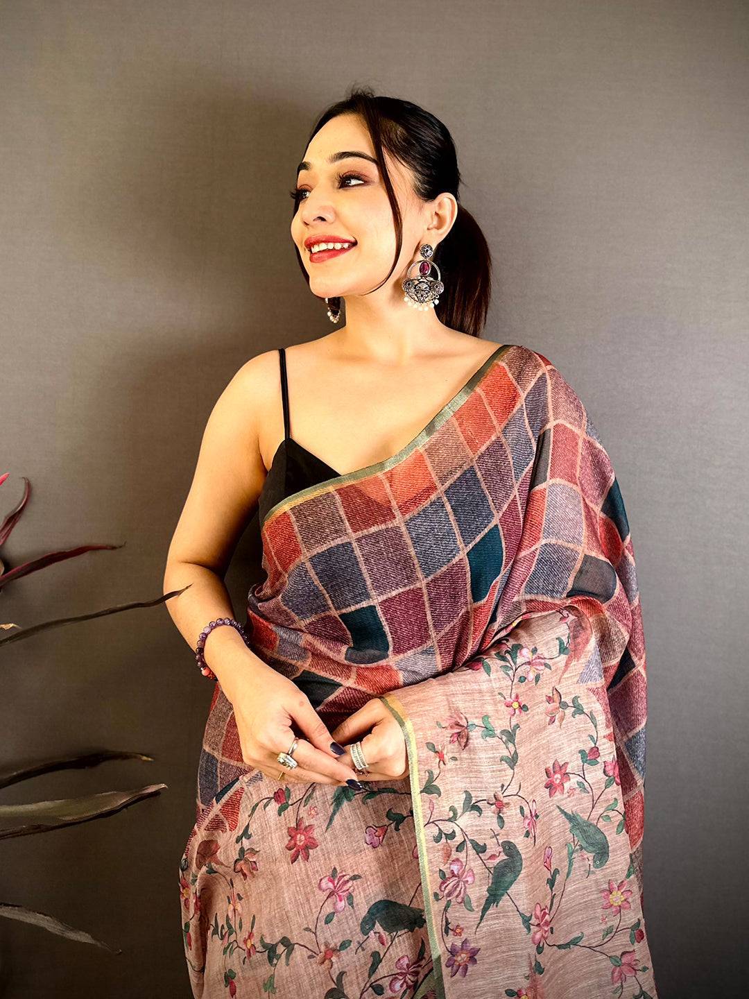 Classic Multicolor Block Print Linen Saree