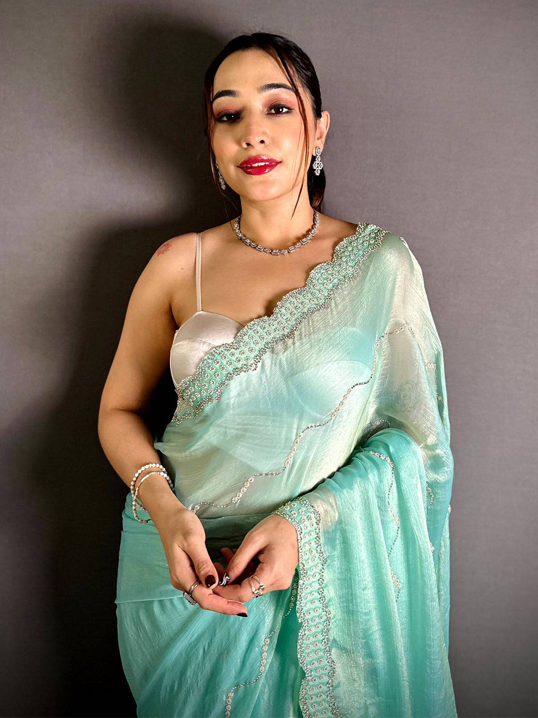 Sky Blue Pearl Stone Chiffon Satin Saree