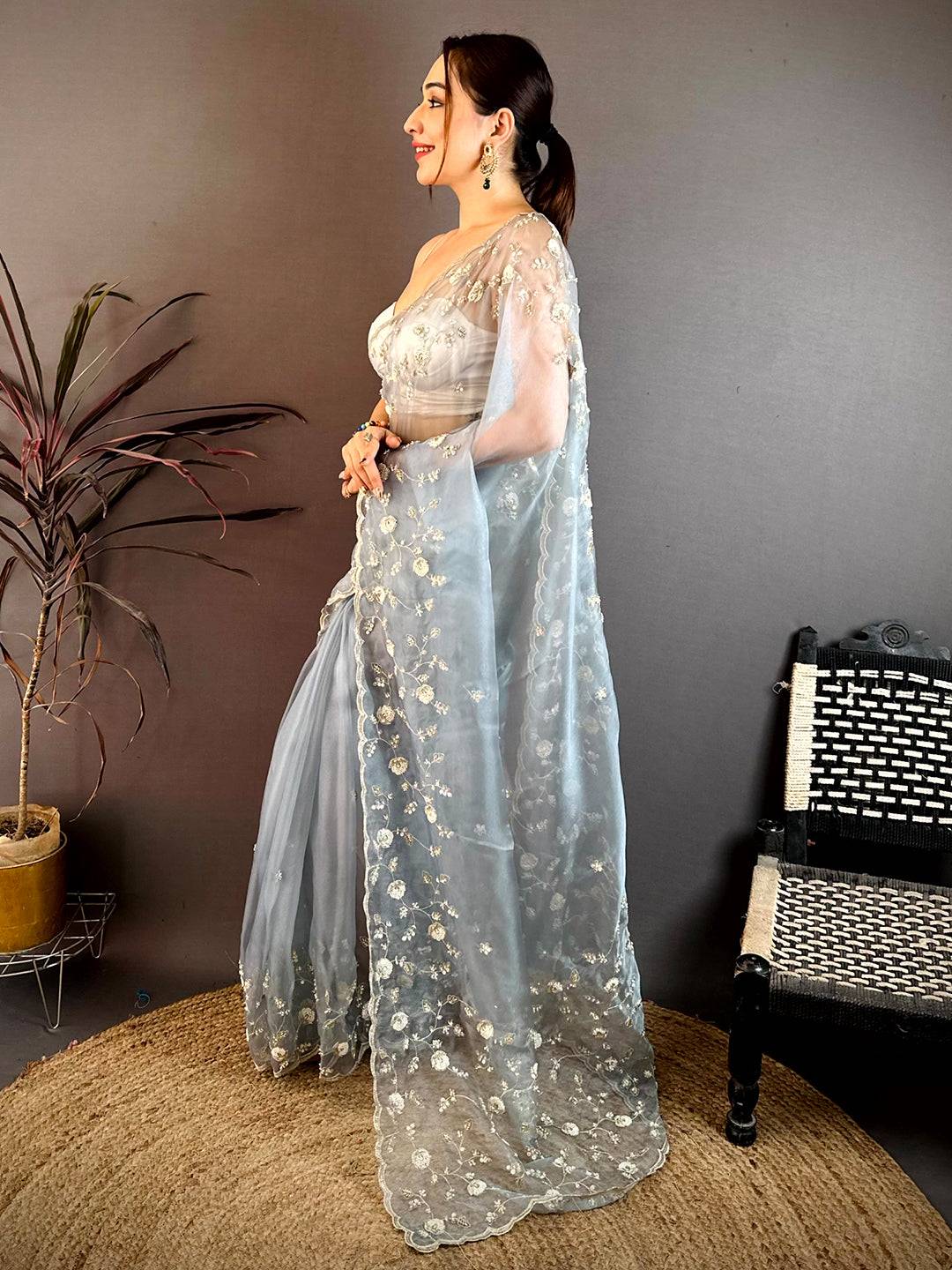 Grey Pearl Sequin Embroidered Organza Saree