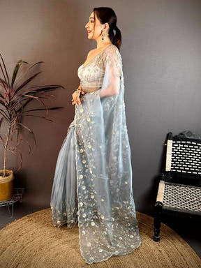 Grey Pearl Sequin Embroidered Organza Saree