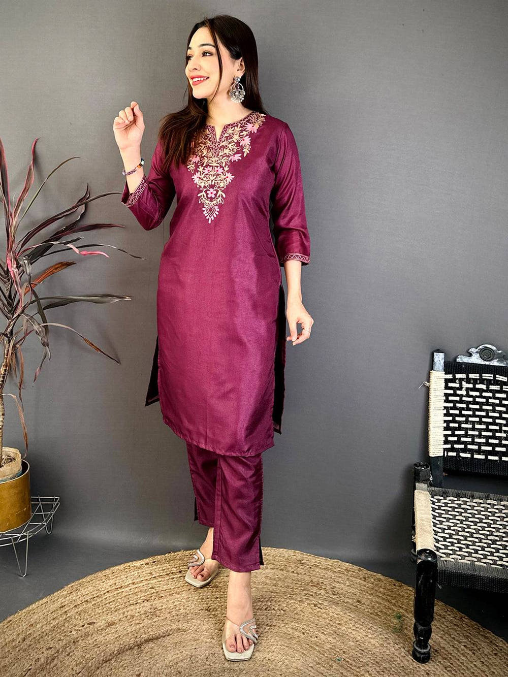 Dark Wine Ari Work Cotton Zari Kurti