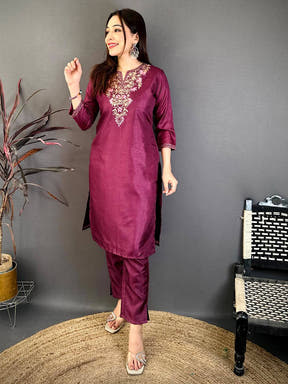 Dark Wine Ari Work Cotton Zari Kurti