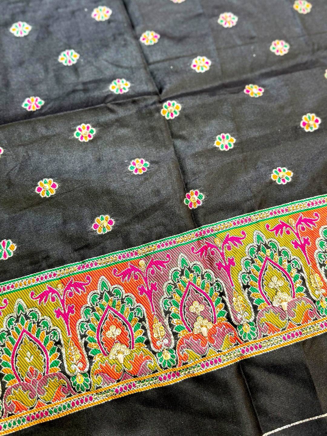 Black Ethnic Motif Silk Blend Saree With Maggam Blouse