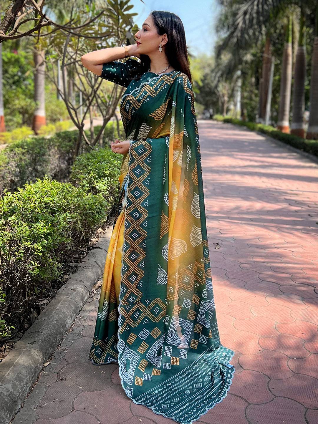 Georgette Silk Saree with Ombre Bandhej Print &  Stone Work