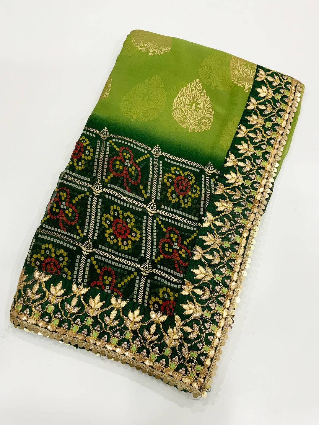 Vibrant Bandhej Foil Work Saree