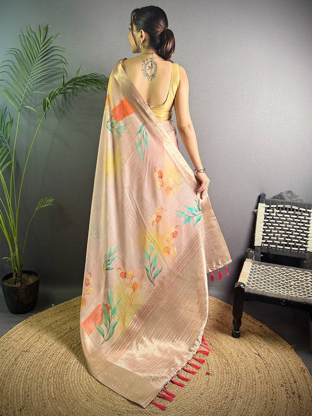 Blush Pink Soft Organza Silk Floral Saree