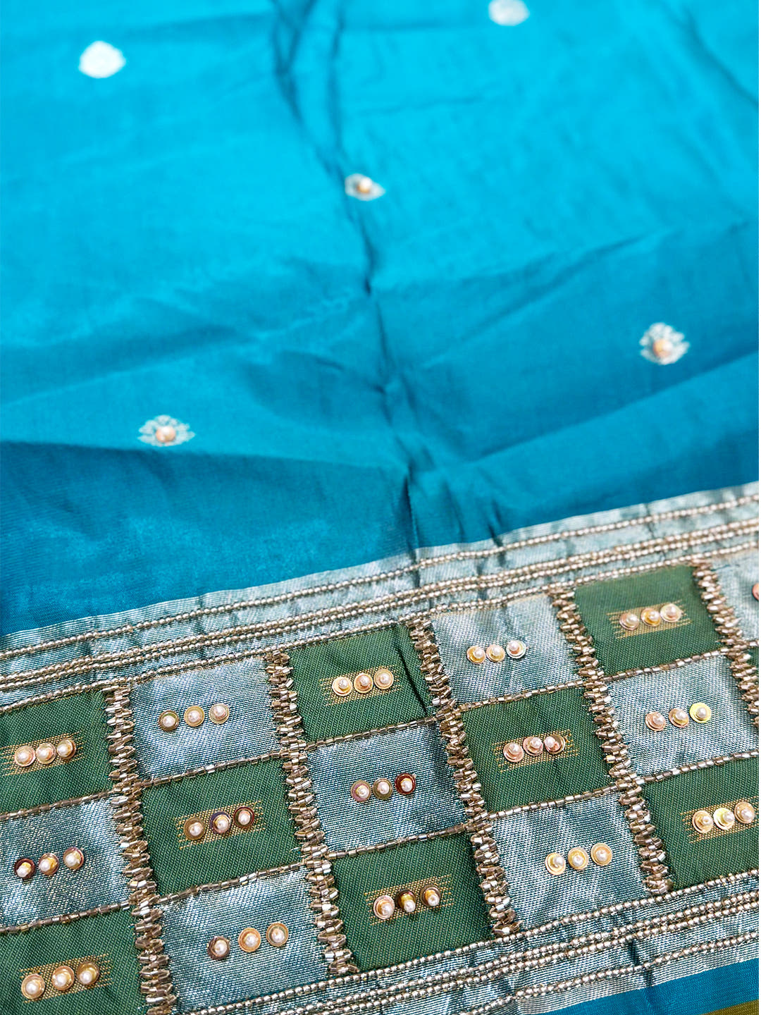Classic Green Ikkat Soft Silk Saree With Maggam Blouse