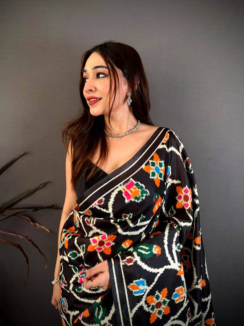 Elegant Black Ikkat Print Tussar Silk Saree