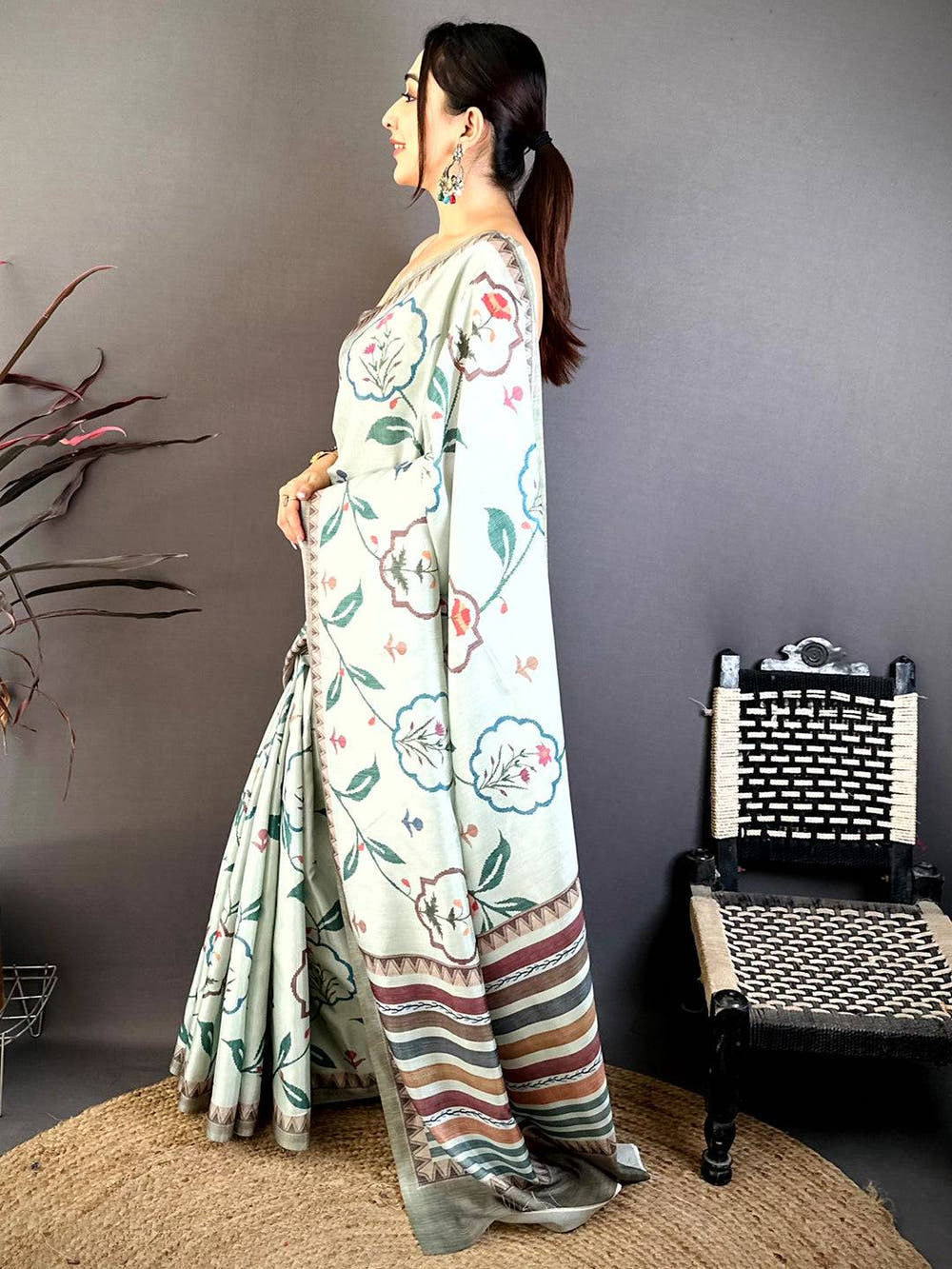 Mint Green Floral Soft Tussar Saree