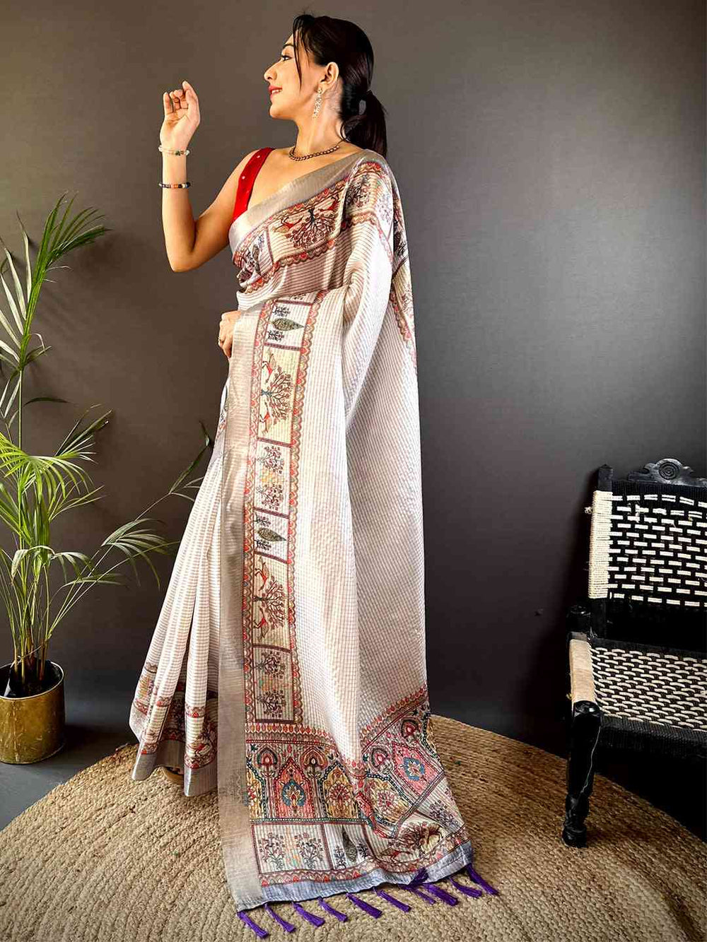 Graceful Off White Soft Silk Chex Saree
