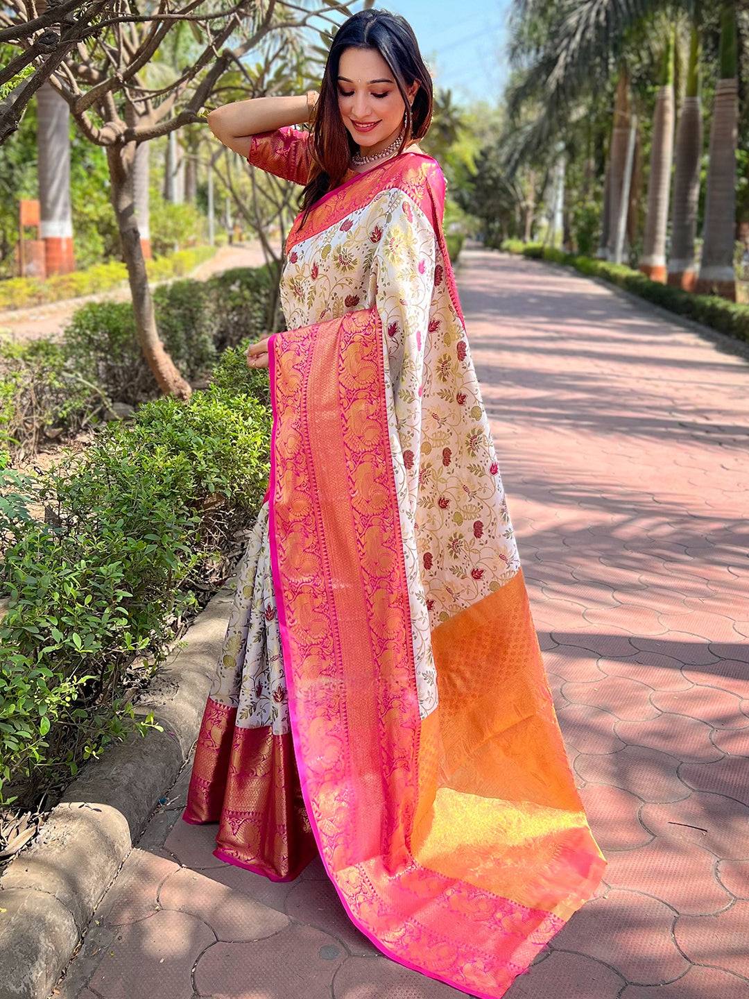 Traditional Banarasi Saree in Off White with Pink Border