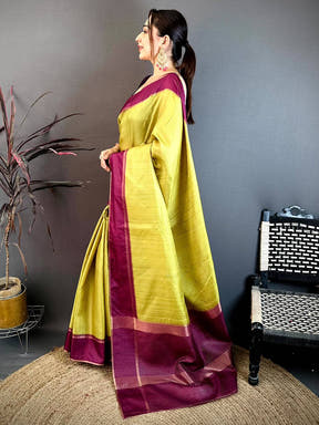 Neon Yellow Tussar Gold Zari 1000 Butti Saree