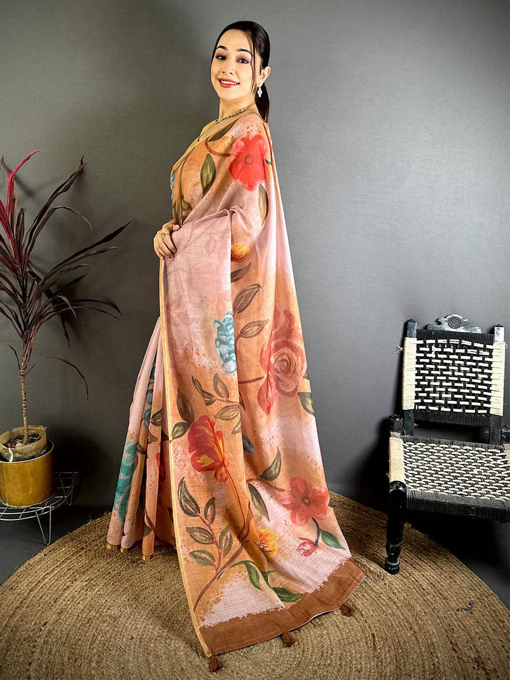 Peach Gold Zari Linen Chanderi Saree


