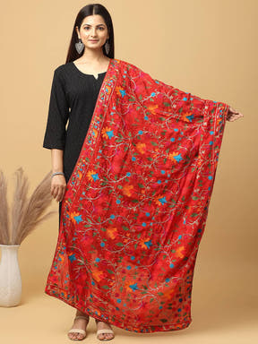 Red Bollywood poly chiffon pashmina dupatta with threadwork.