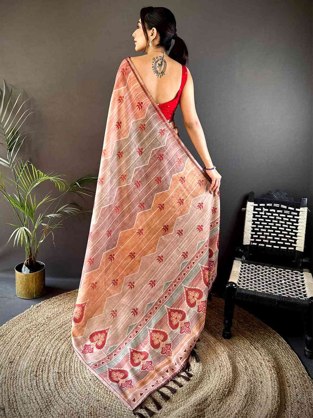 Rust Tissue Chanderi Geometric Floral Saree