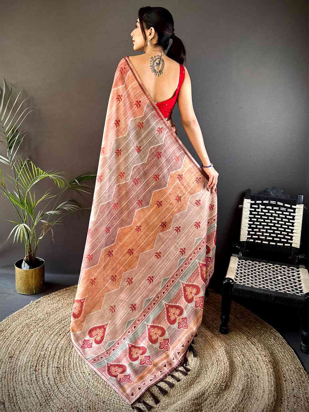 Rust Tissue Chanderi Geometric Floral Saree
