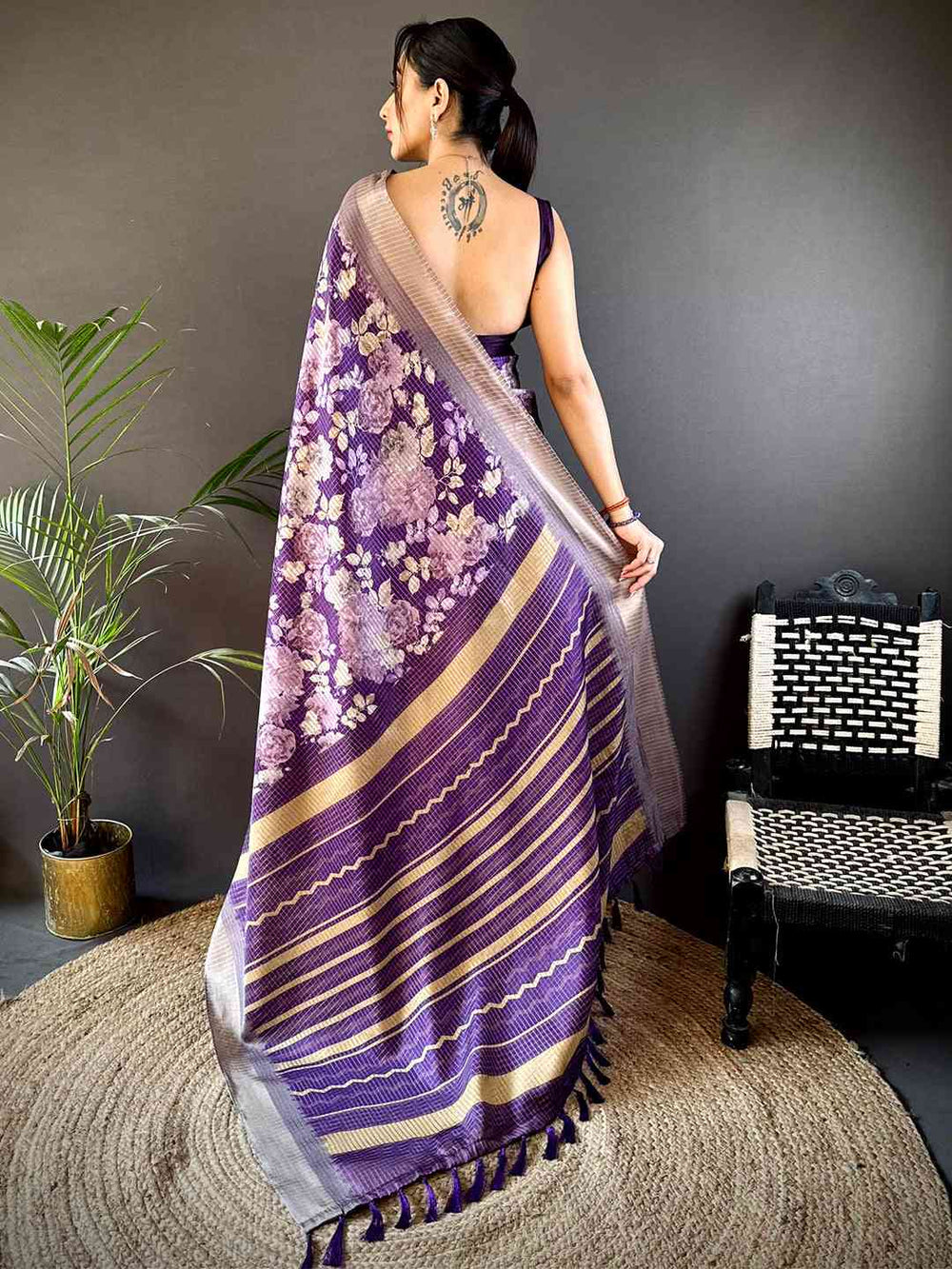 Purple Tussar Chex Floral Saree