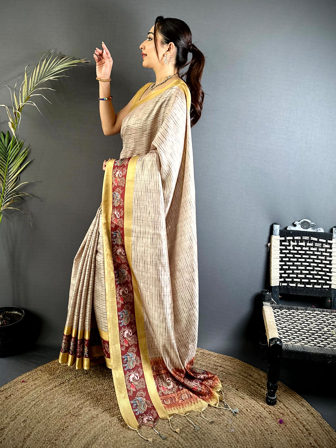 Champagne Beige Tanjore Print Silk Saree