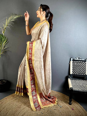 Champagne Beige Tanjore Print Silk Saree