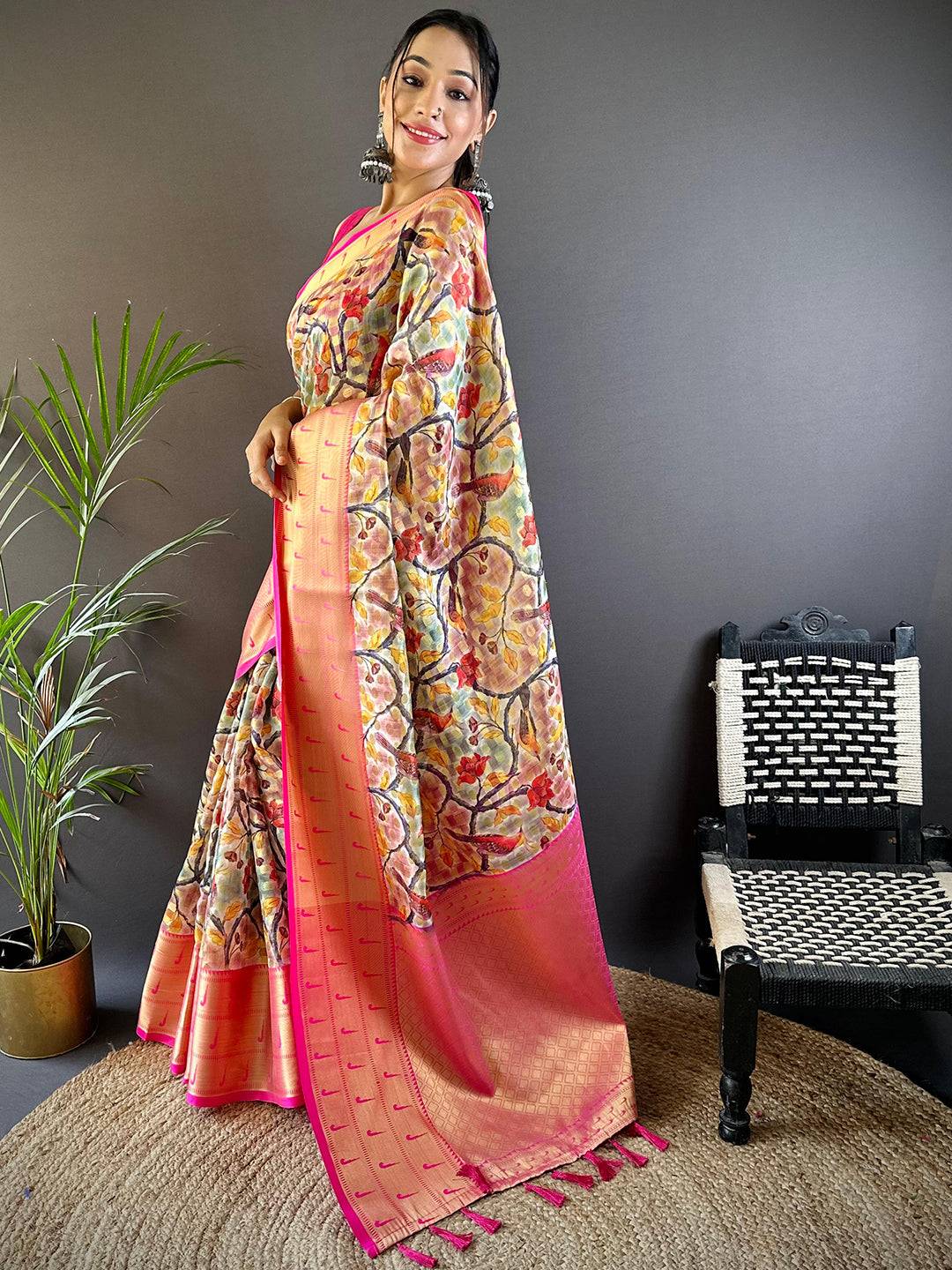 Cream Kalamkari Paithani Kora Silk Saree