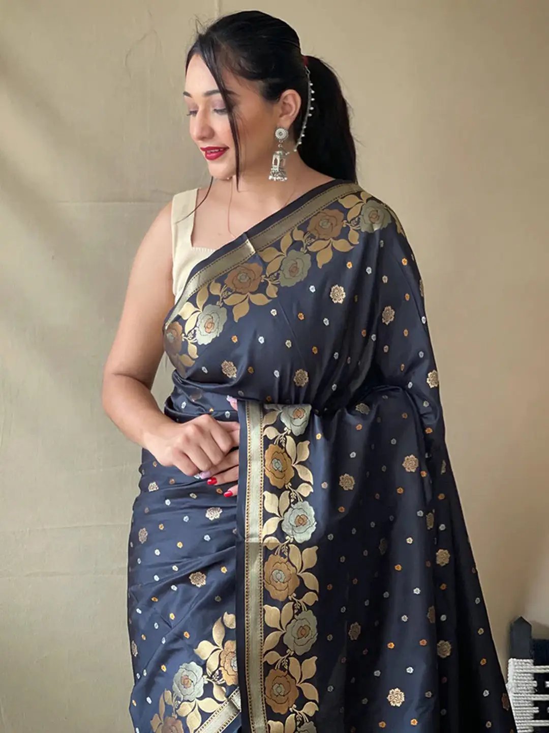 Black Banarasi silk saree with zari woven floral design
