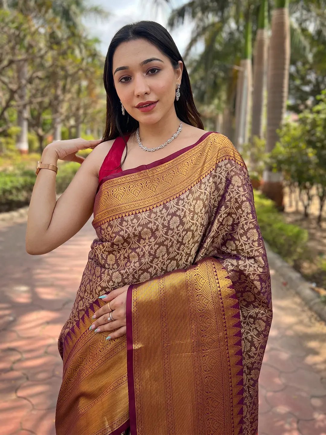 Model showcasing brown gold tissue saree with detailed border