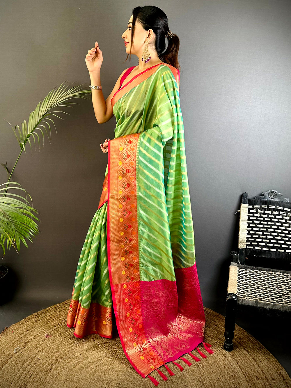Green Banarasi Lehriya Katan Silk Saree