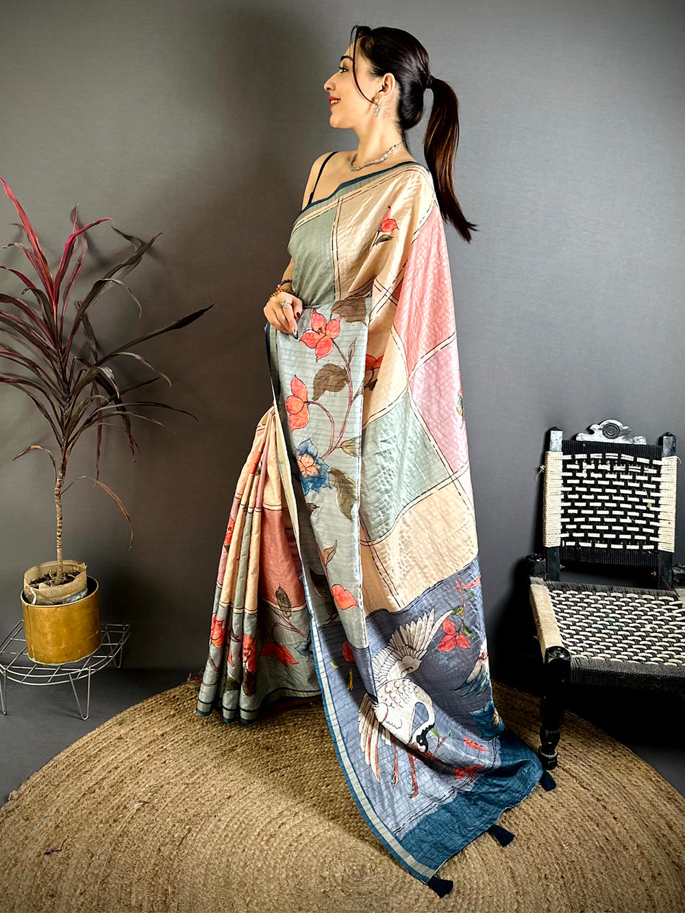 Majestic Digital Kalamkari Tussar Saree