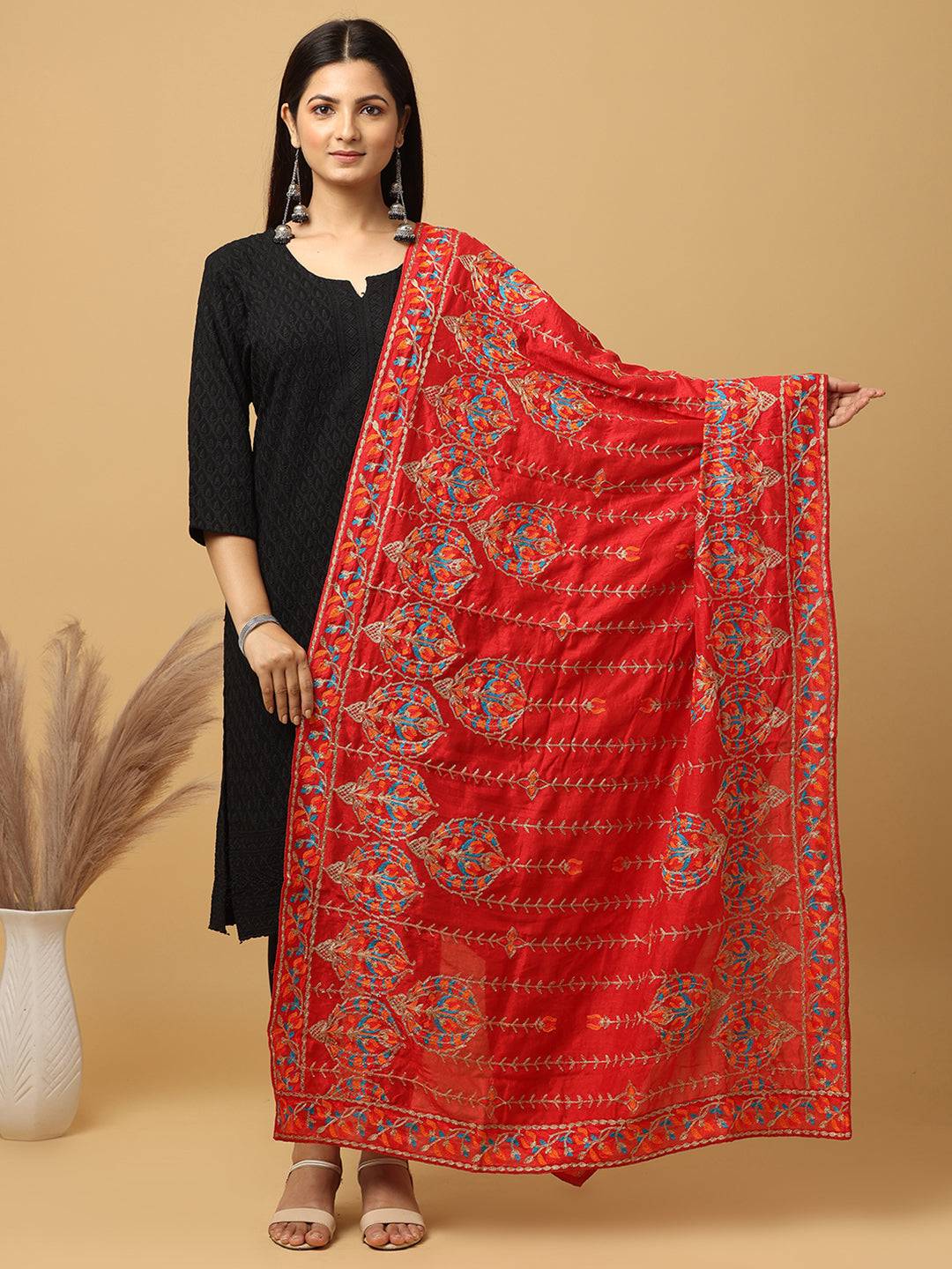 Red Colour Poly Chiffon Pashmina Threadwork Dupatta