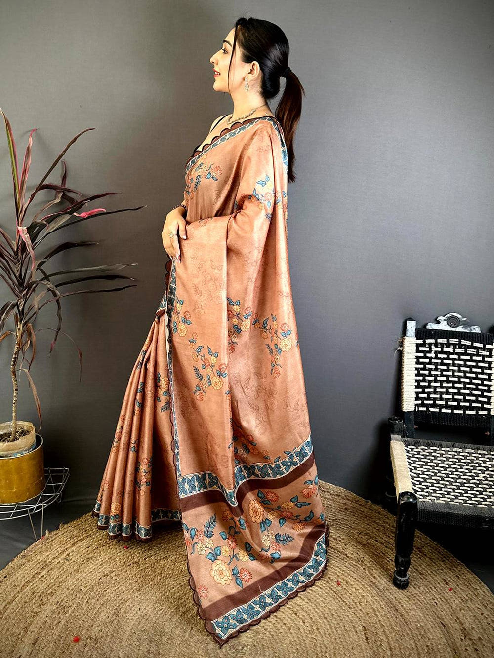 Elegant Kalamkari Cutwork Tussar Saree