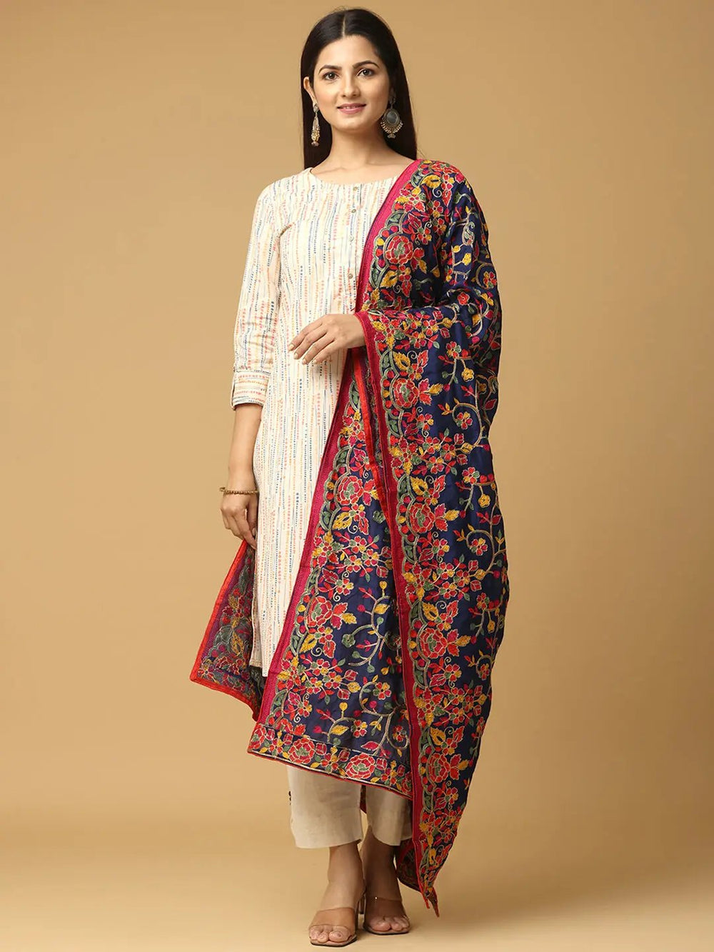 Navy chiffon dupatta with floral threadwork, styled view
