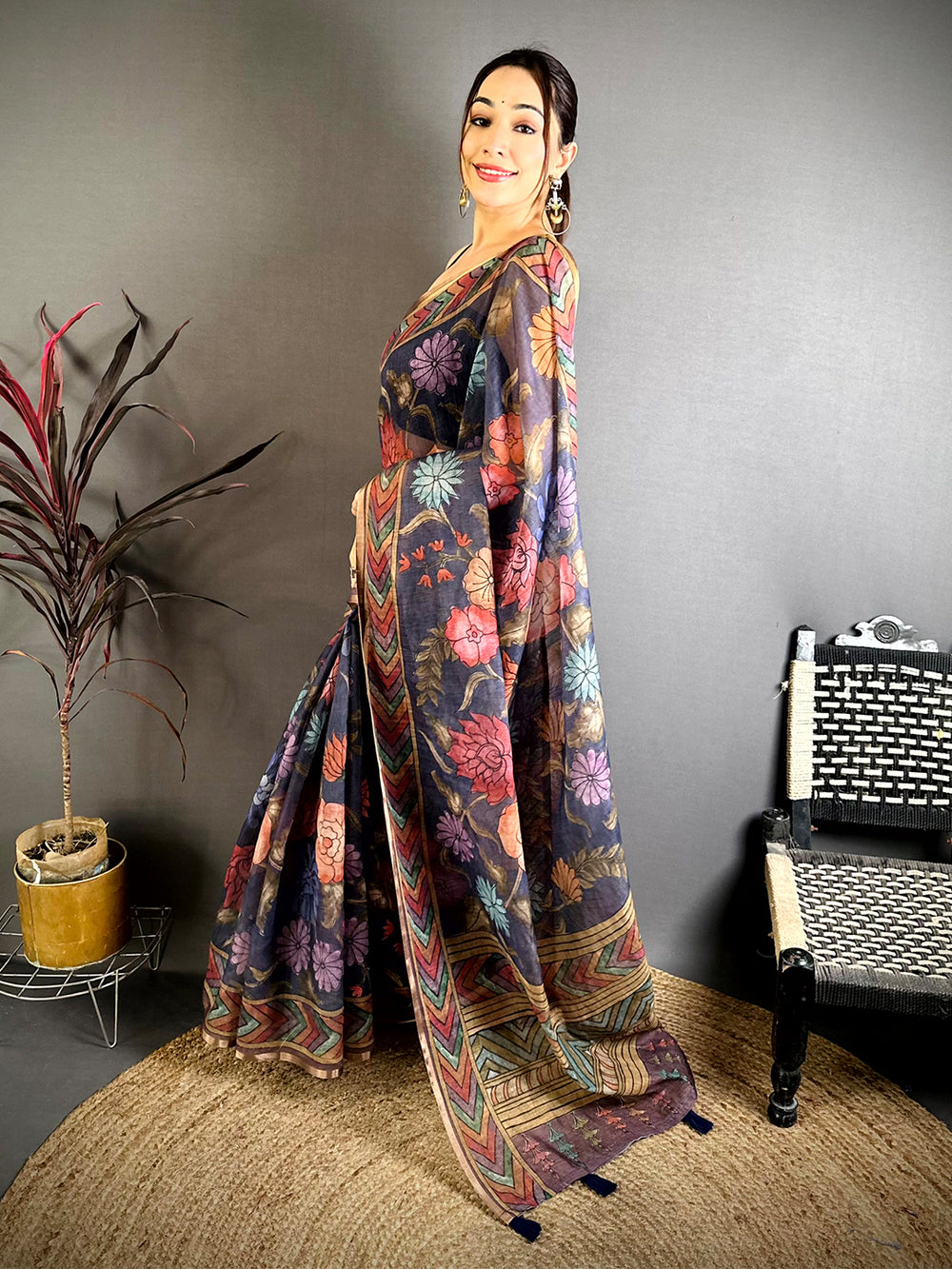 Purple Kalamkari Linen Chanderi Saree