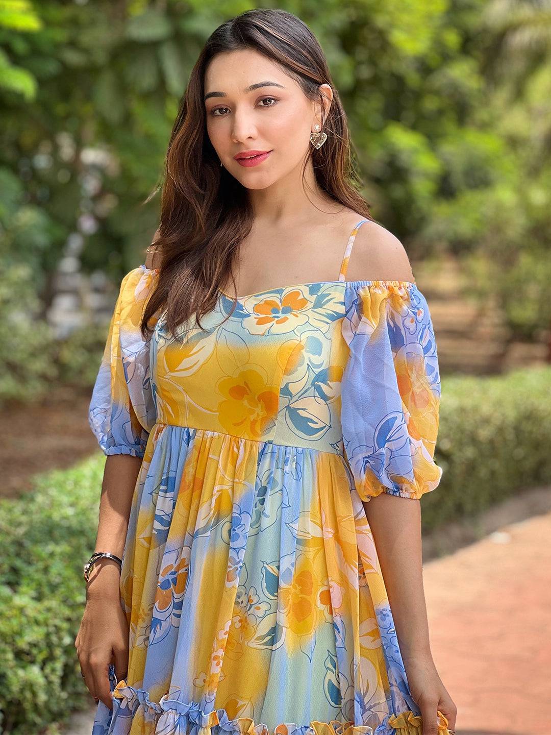 Close-up of Masha Yellow Floral Dress design