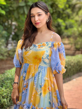 Close-up of Masha Yellow Floral Dress design