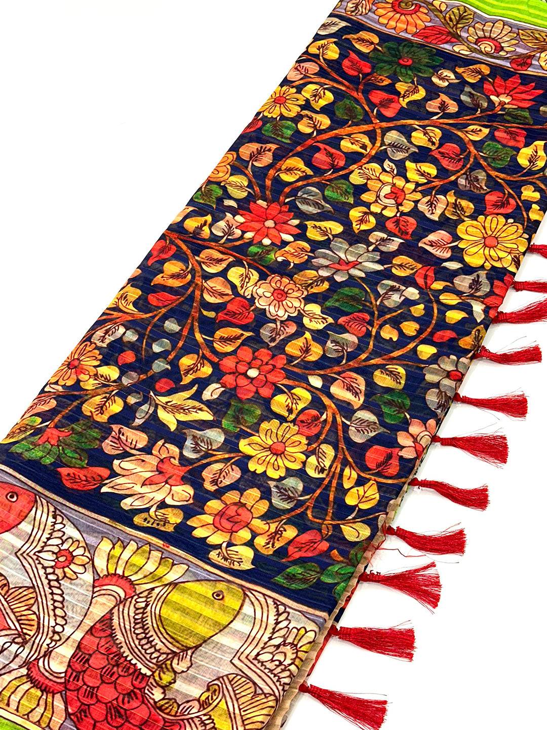 Detailed view of floral patterns on Orchid Blue Pen Kalamkari Linen Saree