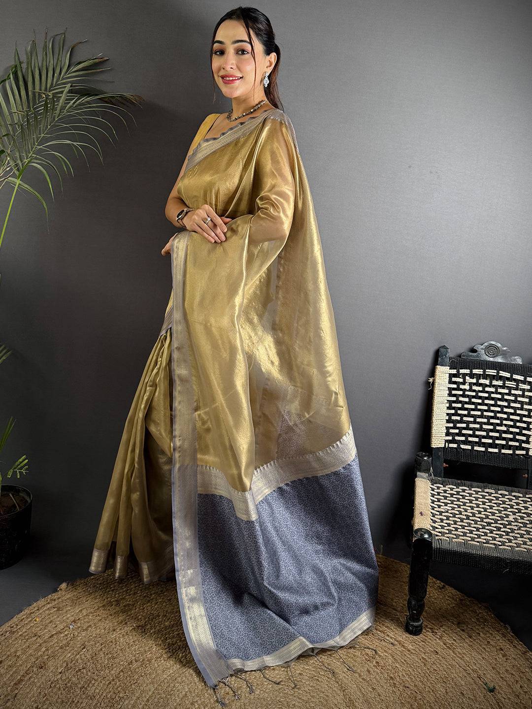Radiant Lavender Gold Zari Tissue Saree

