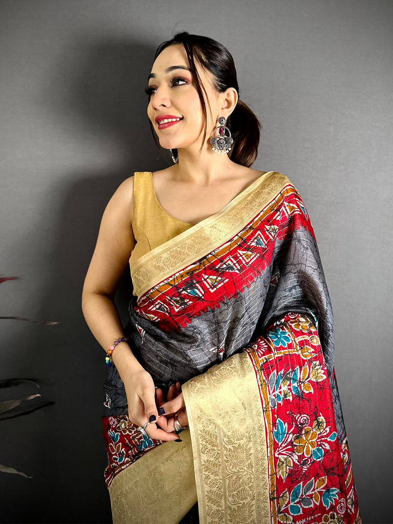 Grey Dola Kalamkari Zari Stripe Saree