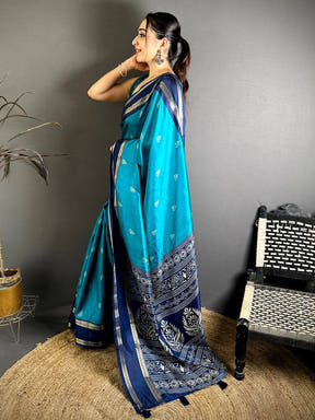 Teal Soft Dola Block Print Pallu Saree