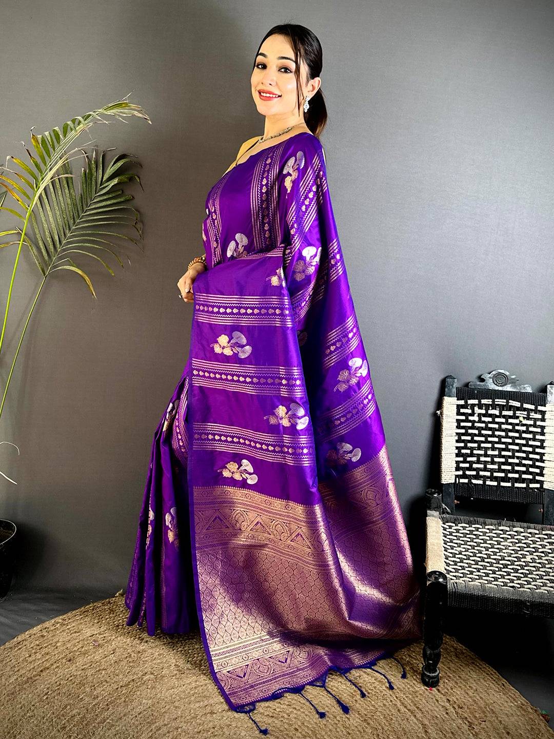 Purple Sona Chandi Striped Silk Saree