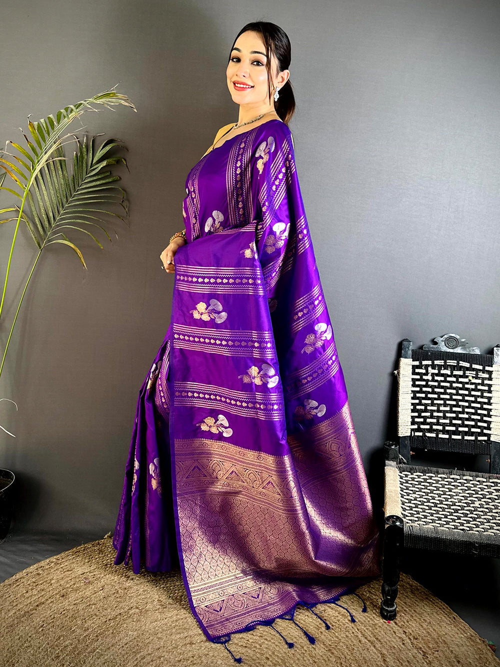 Purple Sona Chandi Striped Silk Saree