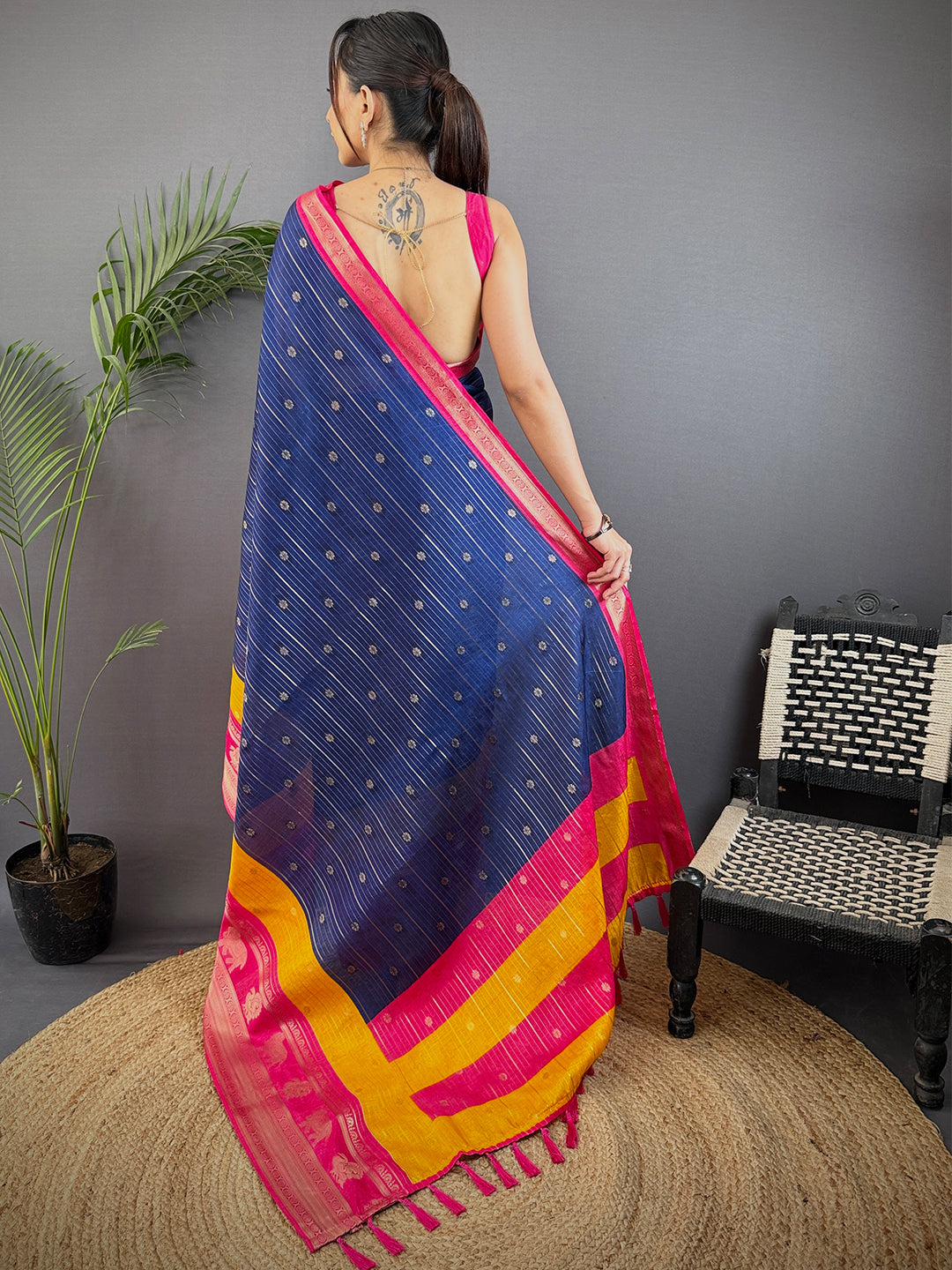 Royal Blue Soft Dola Silk Striped Print Saree