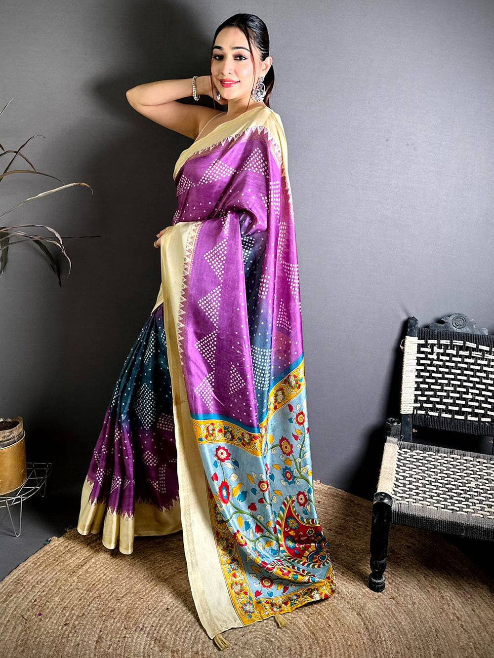 Vibrant Kalamkari Pallu Bandhej Print Saree
