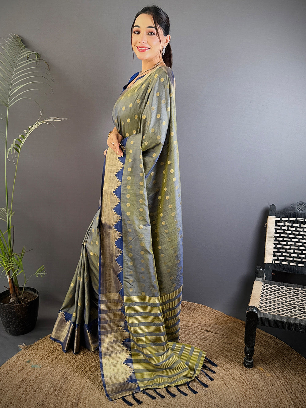 Grey Hand Dyed Raw Silk Saree