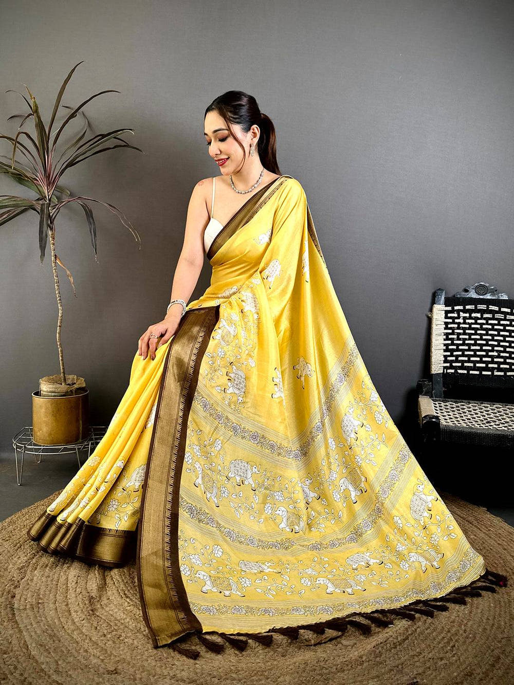 Mustard Soft Dola Block Kalamkari Zari Saree