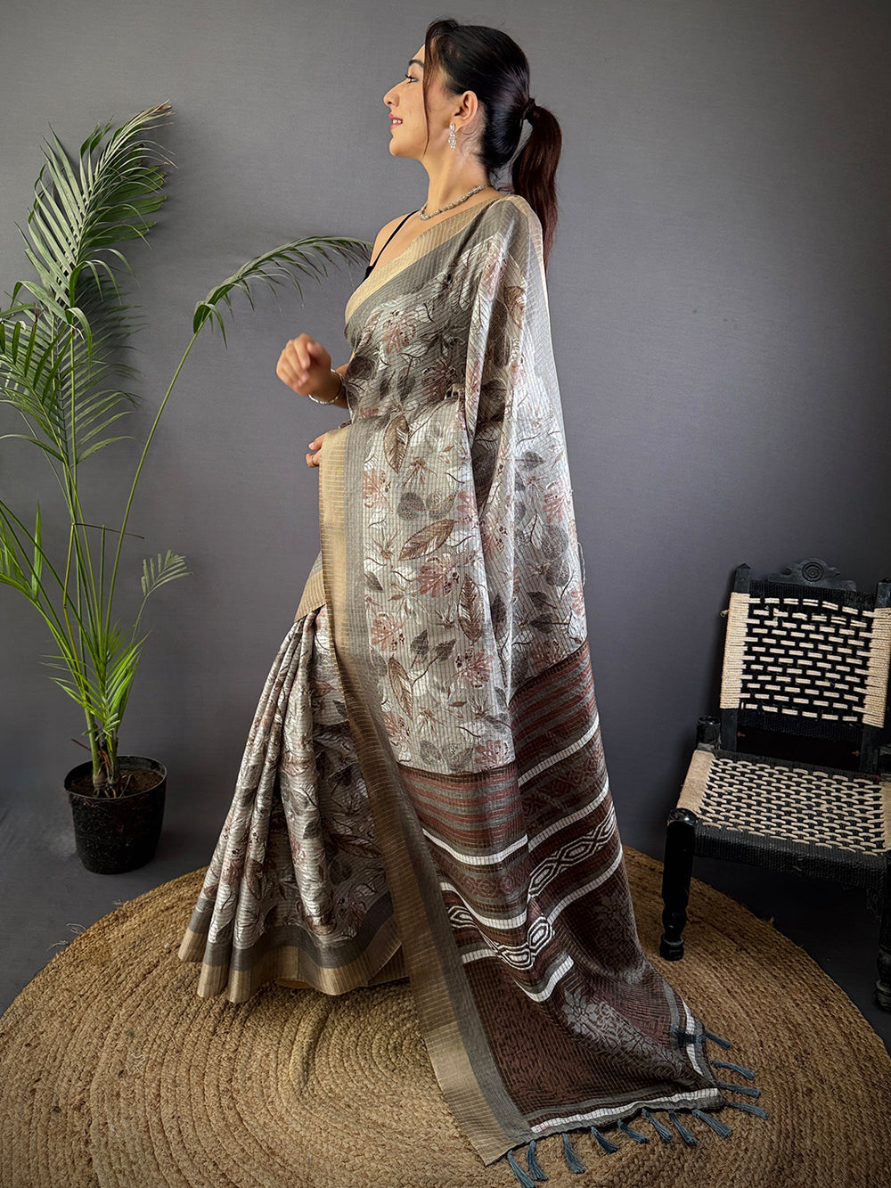 Grey Tussar Chex Floral Print Saree