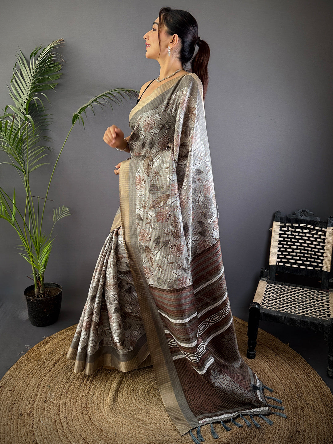 Grey Tussar Chex Floral Print Saree