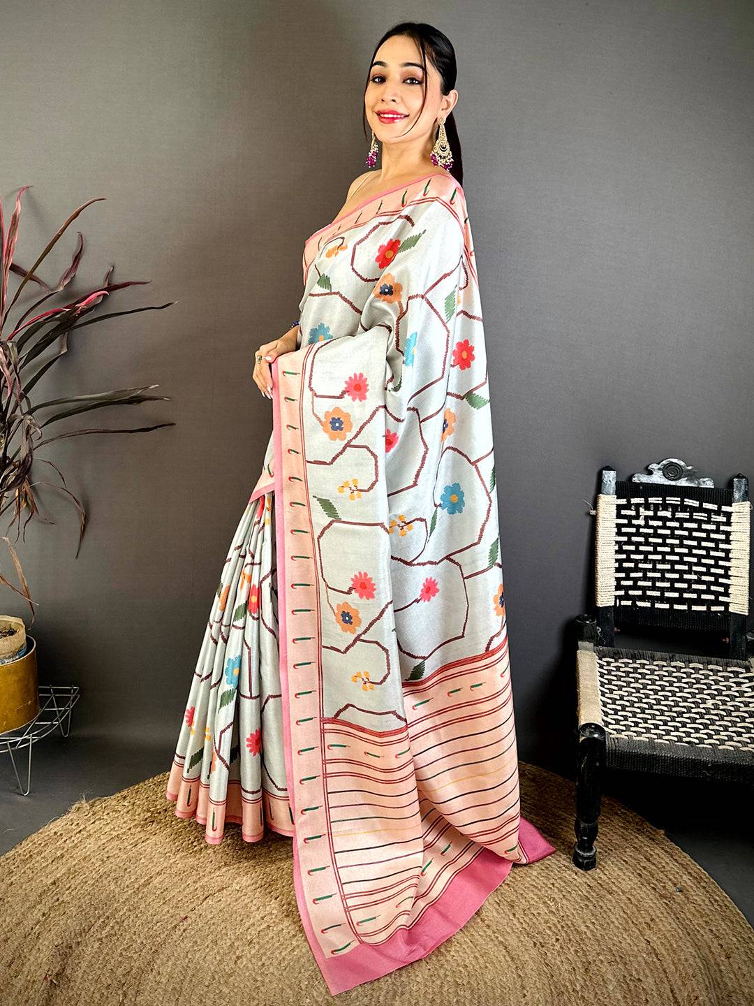 Heritage Tussar Ikkat Meenakari Print Saree