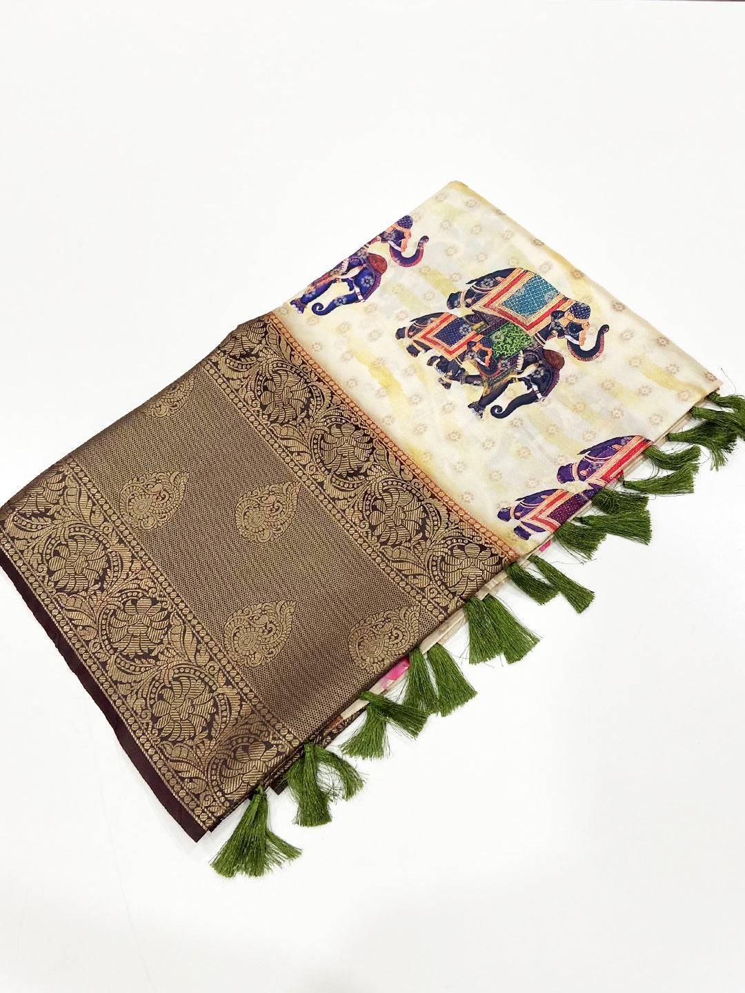 Cream Digital Elephant Motifs Banarasi Saree