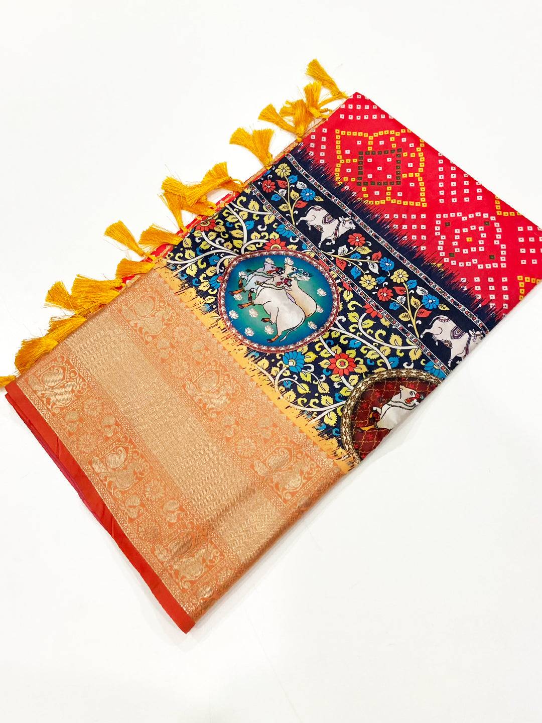 Red Bandhej Printed Banarasi Saree